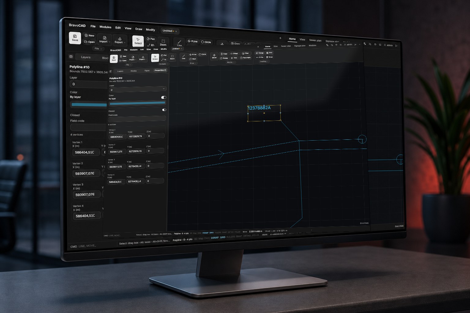 BravoCAD browser CAD interface with drawing tools, properties panel, and a selected polyline on the canvas