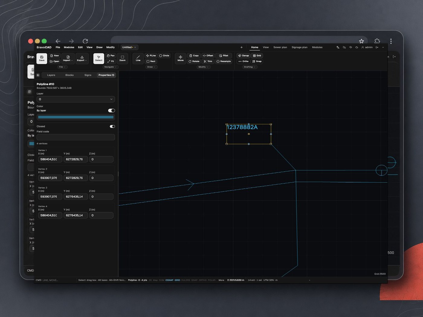 BravoCAD in a browser frame: toolbar, properties, and live 2D geometry.