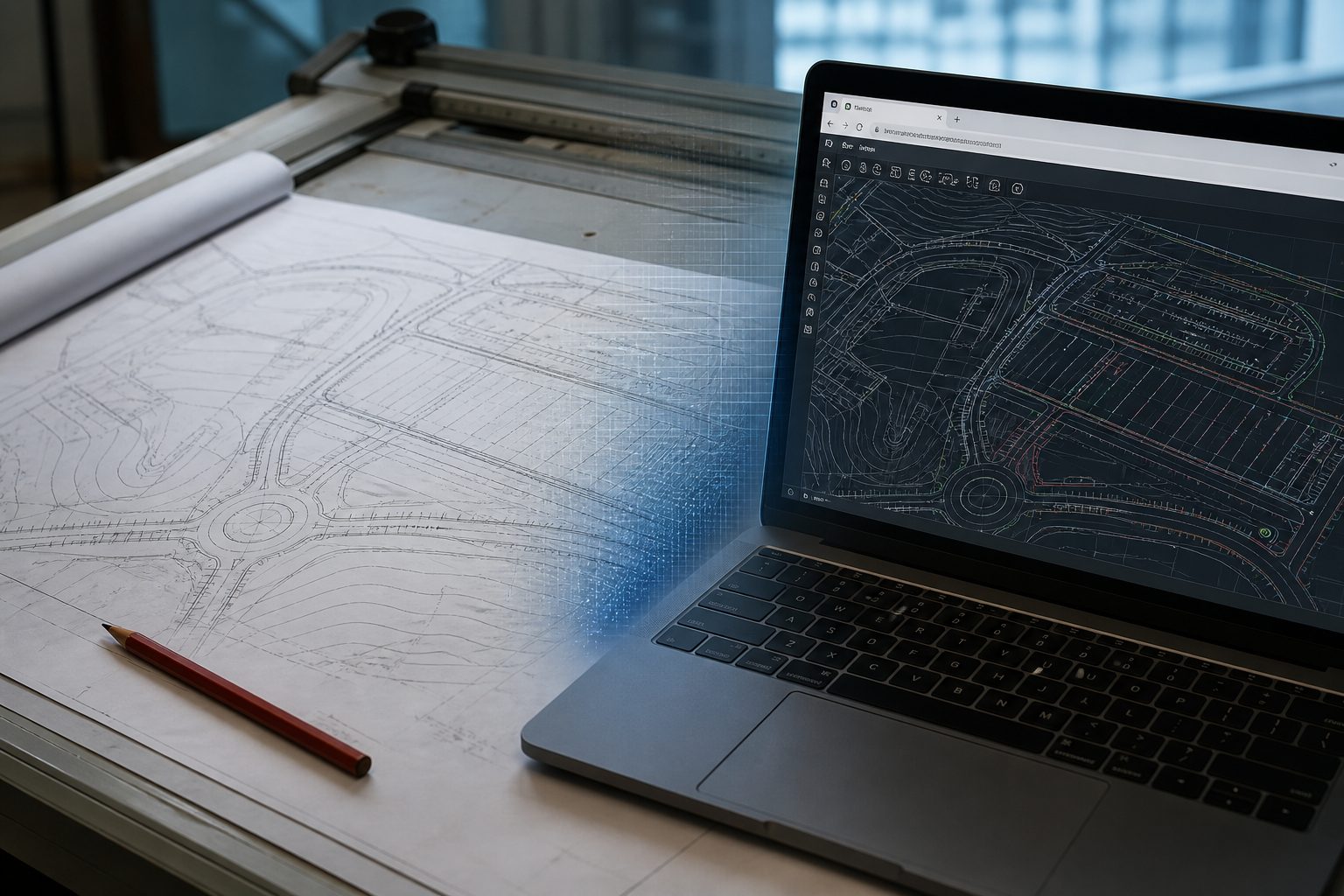 Paper civil plan beside a laptop running browser CAD (e.g. BravoCAD) with the same drawing